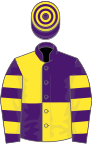 Purple and yellow (quartered), hooped sleeves and cap