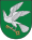 A coat of arms depicting a grey bird with a golden eye and wings outstretched holding a golden key all on a green background