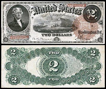 Two-dollar United States Note from the series of 1880, by the Bureau of Engraving and Printing