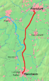 Map of the Riedbahn route connecting Frankfurt to Mannheim