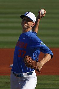 Jackson Kowar pitching for the Florida Gators baseball team in 2018