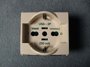 Italian Vimar universale socket accepting CEE 7/4 (German), CEE 7/7 (German/French), CEE 7/16 (Europlug), CEE 7/17 (German/French unearthed), NEMA 1-15 (US/Japan), CEI 23-50 S 11 (10 A) and S 17 (16 A) Italian plugs