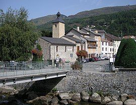 View towards the town and the Camp de Gramou bridge over the Ariège