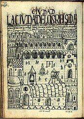 "The City of the Kings of Lima, royal high court, principal city of the kingdom of the Indies, residence of the viceroy[...]", painting of 1615 by the Inca painter Guamán Poma. Royal Library, Denmark.[29]