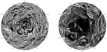 Ceres, polar regions (November 2015): North (left); south (right). The south pole is in shadow. "Ysolo Mons" has since been renamed "Yamor Mons."[73]