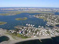 Aerial view of Winthrop and Boston, Massachusetts skyscrapers