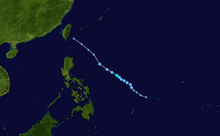 A track map showing the path of a tropical depression over the western Pacific Ocean, east of the Philippines. The depression generally moves northwestward (diagonally) for its entire life; its track ends a short distance southeast of Taiwan.