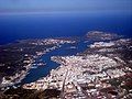 Mahon from the air with the Illa del Rei in the middle, above the city center.