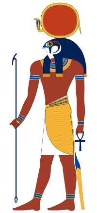 In one of his many forms, Ra, god of the sun, has the head of a falcon and the sun-disk inside a cobra resting on his head.