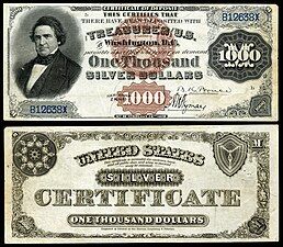 Obverse and reverse of an 1880 one-thousand-dollar silver certificate