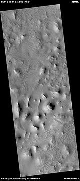 Wide view of layered buttes and small mesas, as seen by HiRISE under HiWish program. Some dark slope streaks are visible. Location is Aeolis quadrangle. Parts of this image are enlarged in next three pictures.