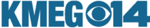 From left: The letters K M E G in a bold sans serif, the CBS eye, and a numeral 14.