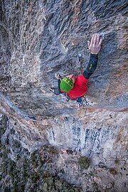 Johnathan Siegrist on the first free ascent of a climbing route in Red Rocks Nevada