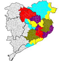 Colored map of the diocese of Girona. The different colors show the limits of arxiprestats that the diocese was divided in 2011. Some neighboring towns may be assigned to different parishes, arxiprestats or even to another diocese.