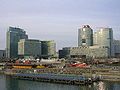 Donau City seen from the Reichsbrücke (left to right): Ares Tower [de], STRABAG Haus [de], Andromeda Tower, Tech Gate Vienna