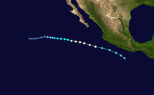 A map of the path of a hurricane that moves west-northwestward off the Pacific coast of, and away from, Mexico