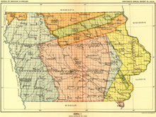 1899 map showing the land ceded in the state of Iowa to the United States by Native Americans in various treaties.