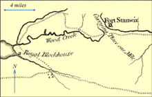 Map showing an area of 10 by 20 miles. A small portion of a lake is shown to the left; a small fortification is indicated on the shore of the lake that is labeled "Royal Blockhouse". A long, meandering creek (labeled Wood Creek) runs from the lake eastward towards the right of the map. At the right of the map there is a fortification that is labeled "Fort Stanwix". A river is shown near Fort Stanwix that does not connect to Wood Creek; the unnavigable region is labeled "Carrying Place one Mile".