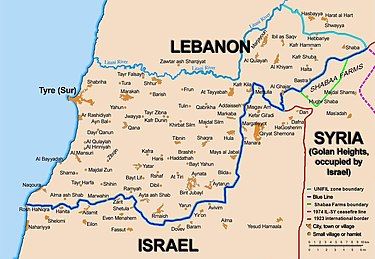 A map showing a light blue and a dark blue line between Lebanon and Israel.