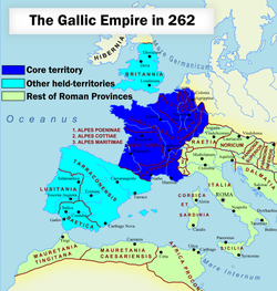 The Gallic Empire under Postumus by 262 (in blue), with the Roman Empire