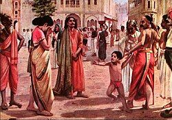 A coloured painting of Harishchandra parting with his wife and son