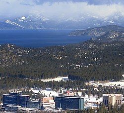 View of Stateline from near Heavenly Mountain Resort. Lake Tahoe in background.