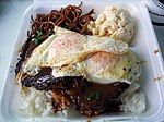 Loco moco, with macaroni salad and boiled soba noodles