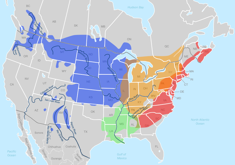 Map of North America showing the subspecies' specific ranges in different colors