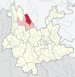 Location of Ninglang County (red) and Lijiang City (pink) within Yunnan