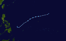 Tracking map of Tropical Depression 02W (Amang). The system formed east of the Philippines and curved to the northeast before dissipating.