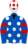 Royal blue, white spots on body, two red hoops, white cap, red spots