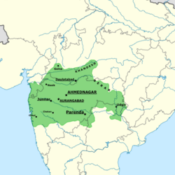 Map of Ahmadnagar Sultanate extending form Khandesh to Udgir, Golna to Paranda and from Konkan to Territories beyond Elichpur of Berar.[1][2]