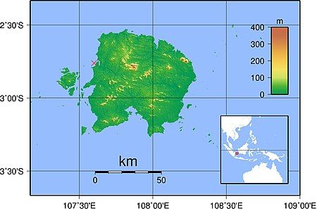 Map of Belitung Island showing the wreck site marked just off the northwest coast