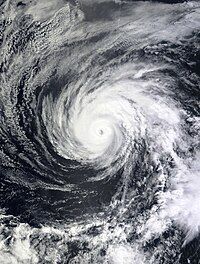 A photograph of Hurricane Calvin at peak intensity as a Category 3 hurricane on July 14, 2023.