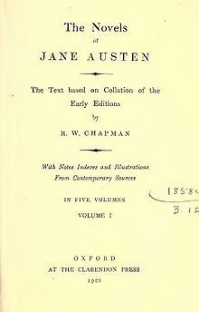 Title page reads "The Novels of Jane Austen, The Text based on Collation of the Early Editions by R. W. Chapman, With Notes Indexes and Illustrations from Contemporary Sources, In Five Volumes, Volume I, Oxford, At the Clarendon Press, 1923