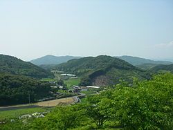 A view of Otsuki's windmills from the top of Fureai Park