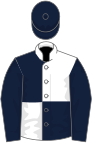 White and dark blue (quartered), dark blue sleeves and cap