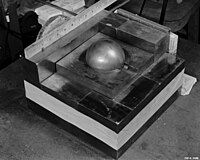 The sphere of plutonium surrounded by neutron-reflecting tungsten carbide blocks in a re-enactment of Daghlian's 1945 experiment[6]