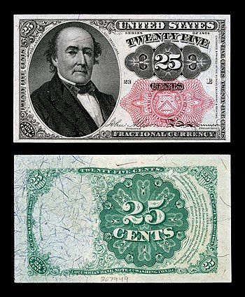 Obverse and reverse of a twenty-five-cent fifth-issue fractional-currency banknote