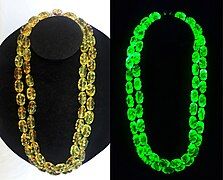 Uranium glass necklace, circa 1940/1950. Uranium glass glows bright green under ultraviolet light.