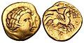 Gold stater of the Cenomani, on the reverse an androcephalous horse led by a charioteer extending a vexillum in front of it, riding over a fallen enemy.