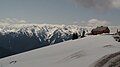 The visitors center at Hurricane Ridge, The Bailey Range beyond.