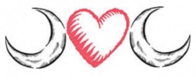 A stylized pixelated image of a waxing crescent moon on the left, an open heart shape in the middle,and a waning crescent moon on the right. Moon shapes are black linework with black shading inside. Heart shape is open and white on the inside with red linework and red stylized lines.