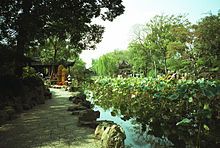 The Shizilin Garden in Suzhou. Men and women stand on curving rock formations overlooking a pond containing flowery plants.