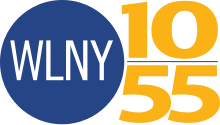 At left, a blue circle with white, thin WLNY lettering inside. Outside the circle is a gold 10 on top of a thin blue line on top of a gold 55.