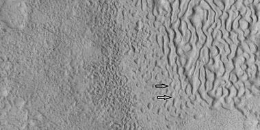 Brain terrain being formed, as seen by HiRISE under HiWish program. Note: this is an enlargement of a previous image using HiView. Arrows indicate spots where brain terrain is beginning to form.