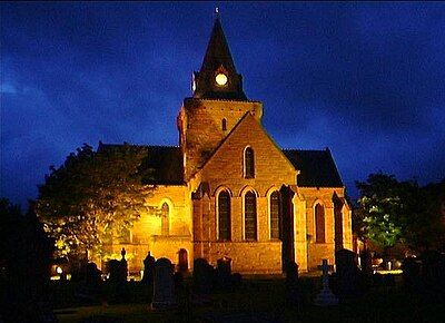 Dornoch Cathedral floodlit at night