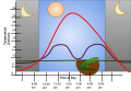 The red line represents the air temperature. The purple line represents the body temperature of the lizard. The green line represents the base temperature of the burrow. Lizards are ectotherms and use behavioral adaptations to control their temperature. They regulate their behavior based on the temperature outside, if it is warm they will go outside up to a point and return to their burrow as necessary.