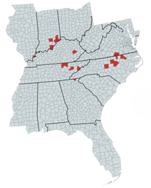 A map of southeastern US states with counties highlighted in Illinois, Indiana, Kentucky, Virginia, Tennessee, North Carolina, and Georgia