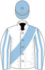 White, light blue sash, striped sleeves, light blue cap